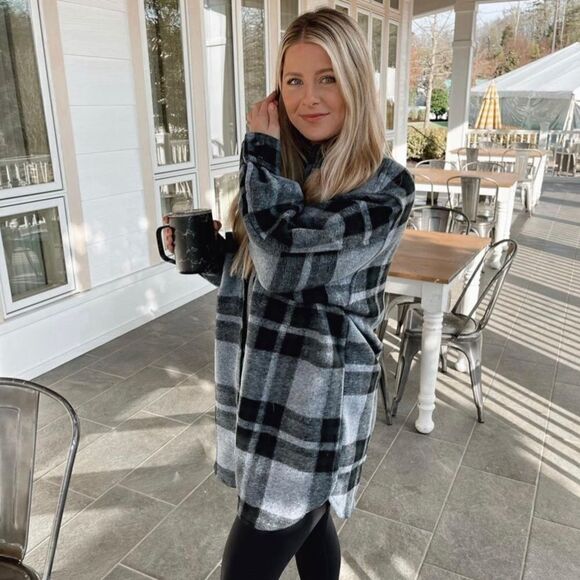 H&M Felted Shacket Shirt Jacket Blue Plaid New - Picture 10 of 12